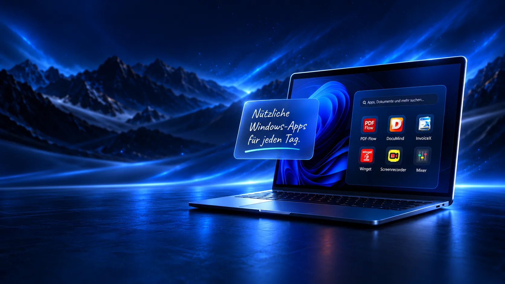 Laptop mit Windows-Apps vor blauer Berglandschaft